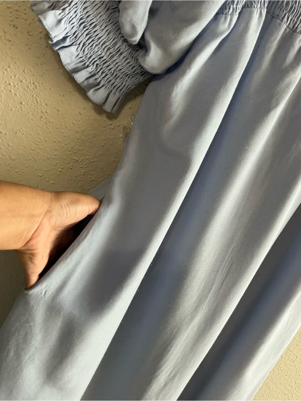 Off-Shoulder Smocked Midi Dress in Light Blue - Picture 3 of 7